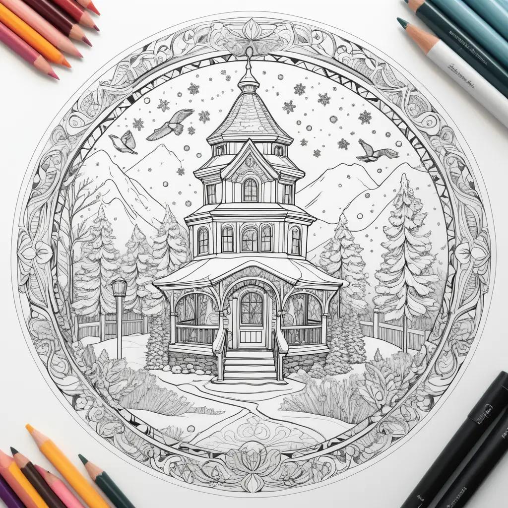 colorful Christmas tree in a snowy setting on a coloring page