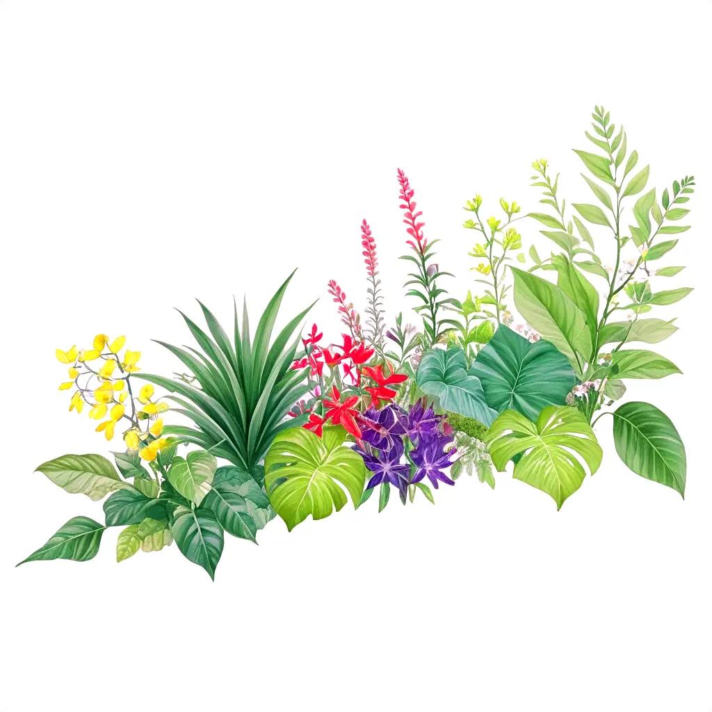 colorful array of tropical plants in a drawing