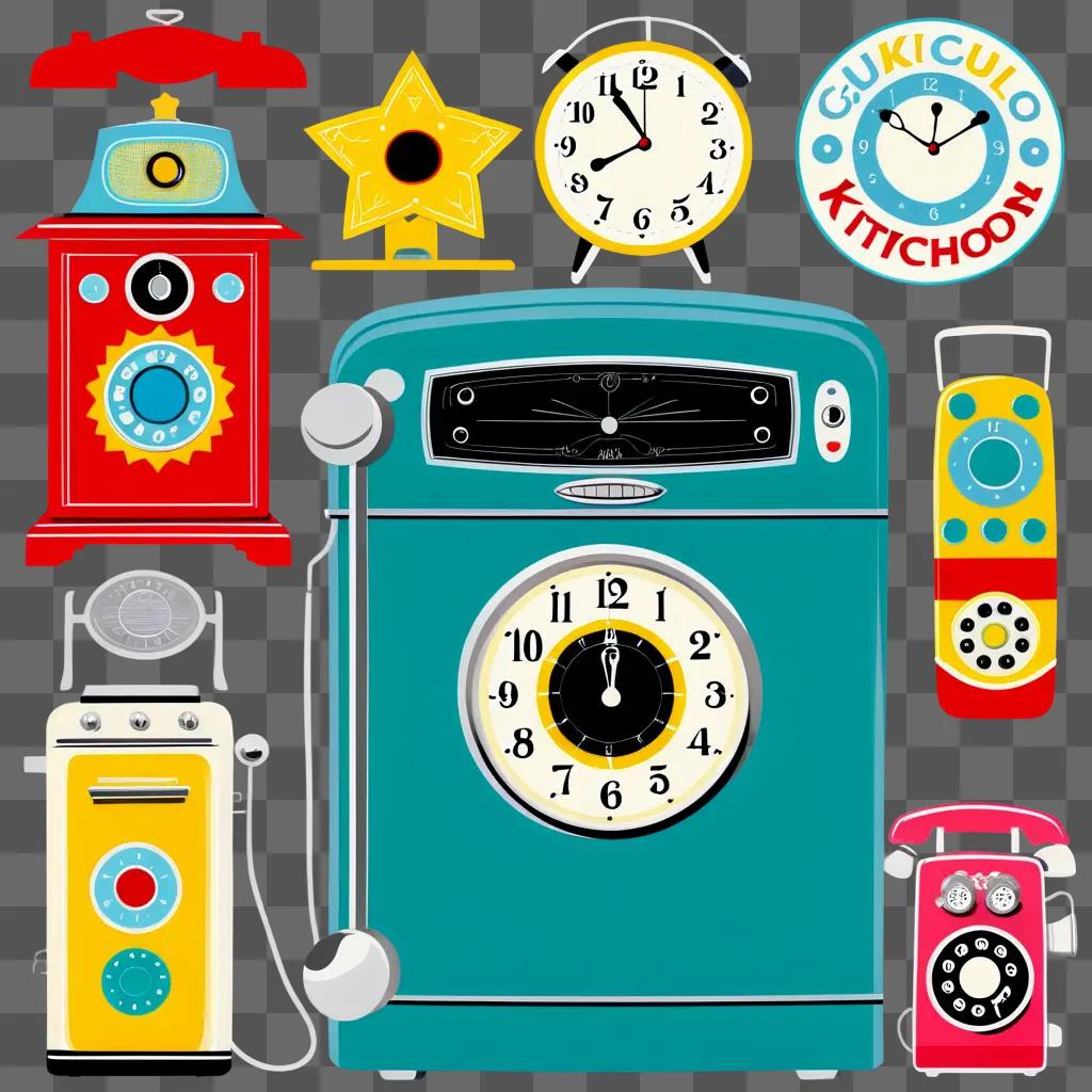 colorful assortment of household items and clocks