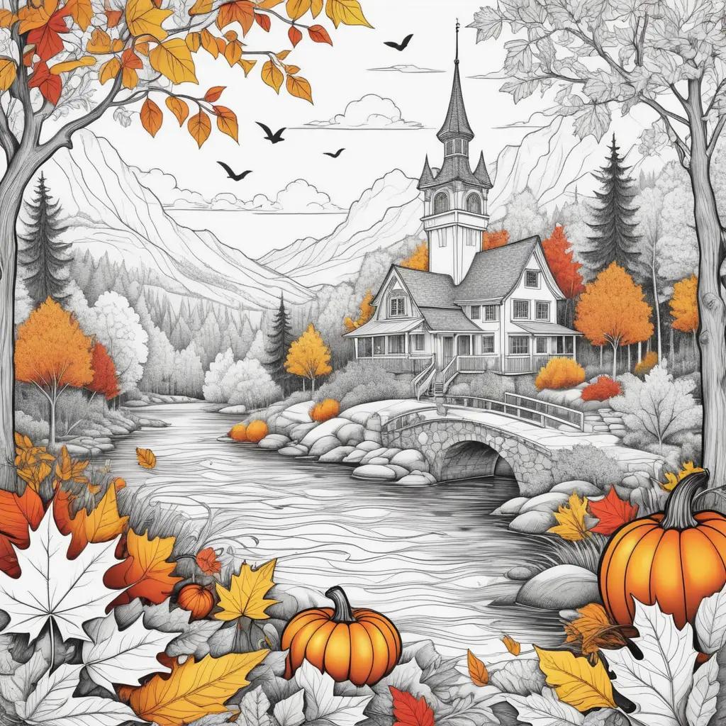 colorful autumn scene with a church, bridge, and pumpkins