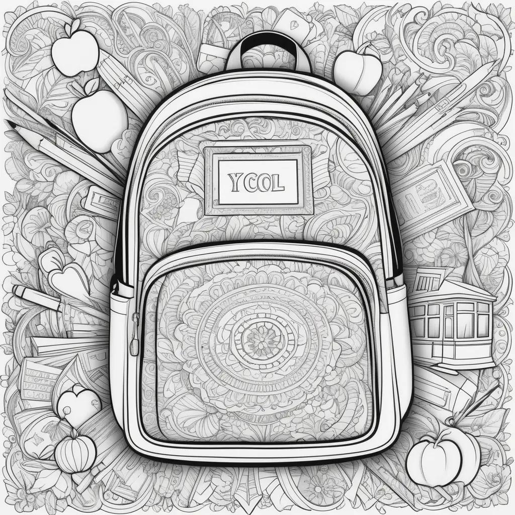 colorful back to school coloring page featuring a backpack and other school supplies