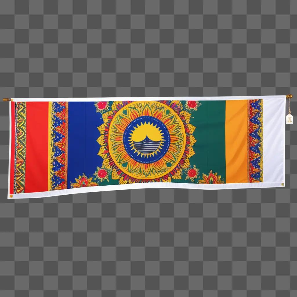 colorful banner hangs on a wall