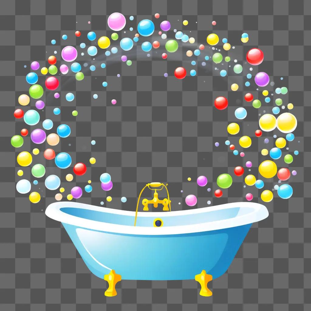 colorful bath with bubbles and yellow handles