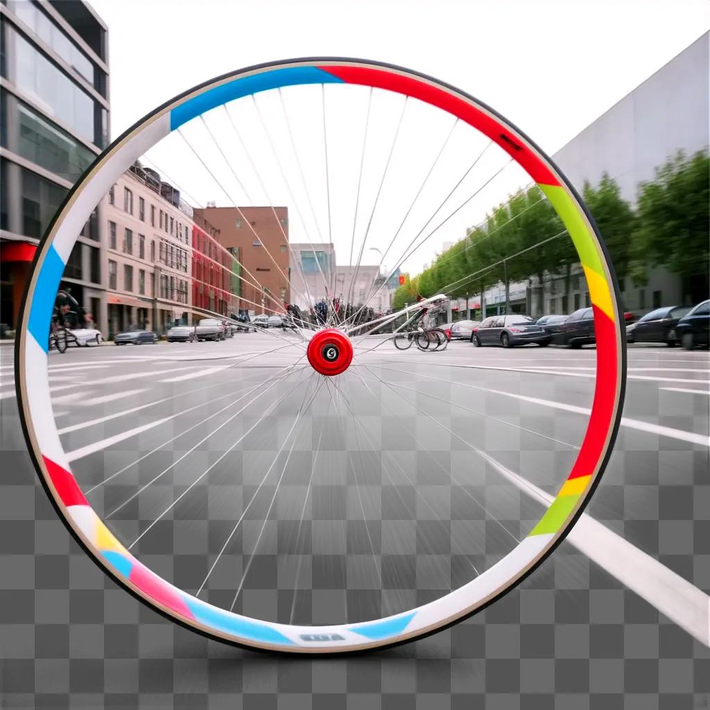 colorful bike wheel spins on a busy street