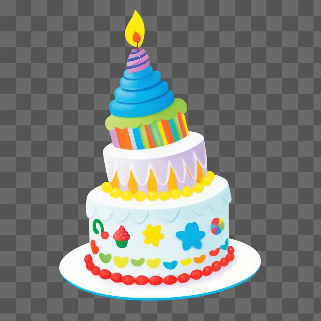 colorful birthday cake with a lit candle drawing for kids