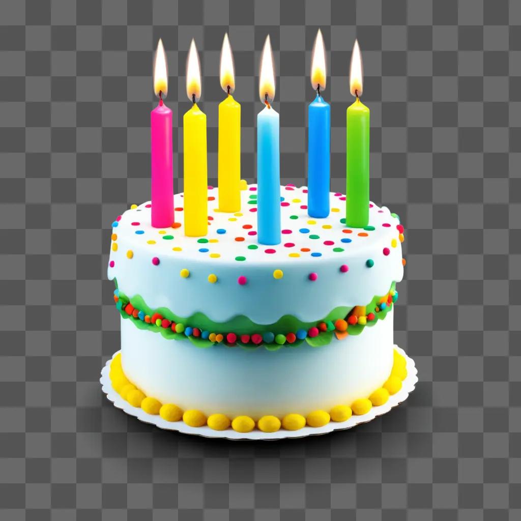 colorful birthday cake with candles on a green background