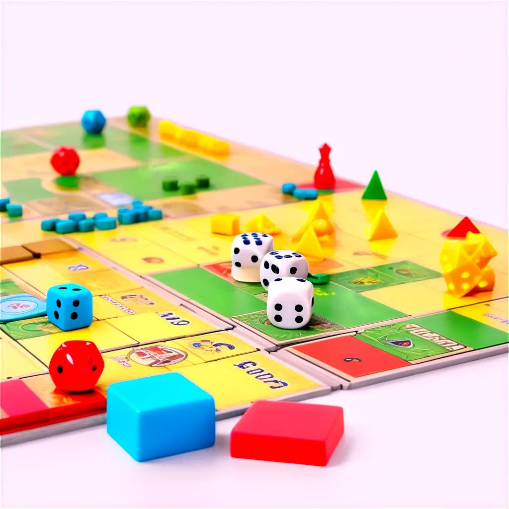 colorful board game with colorful dice on a white surface