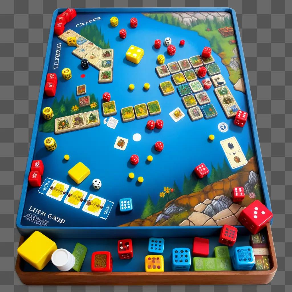 colorful board game with dice and cards on a table