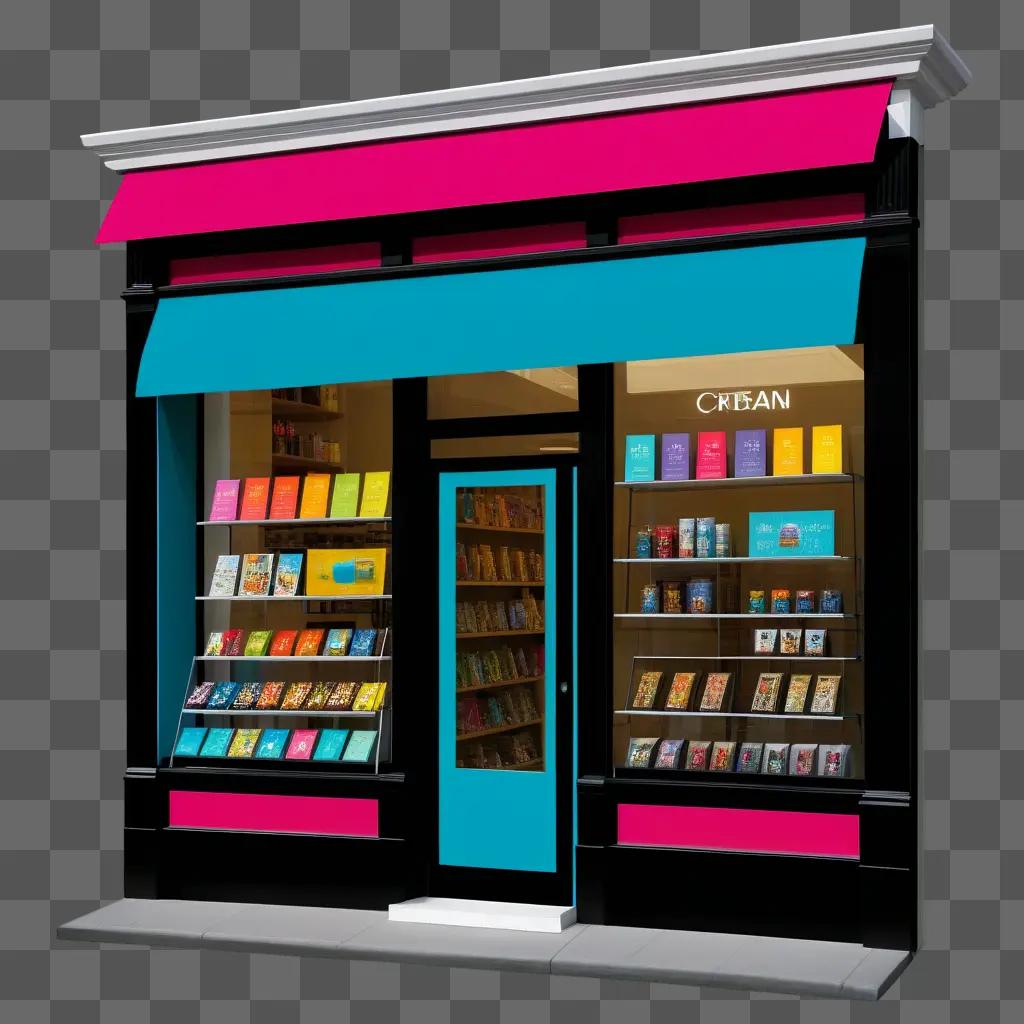 colorful bookstore storefront with an awning