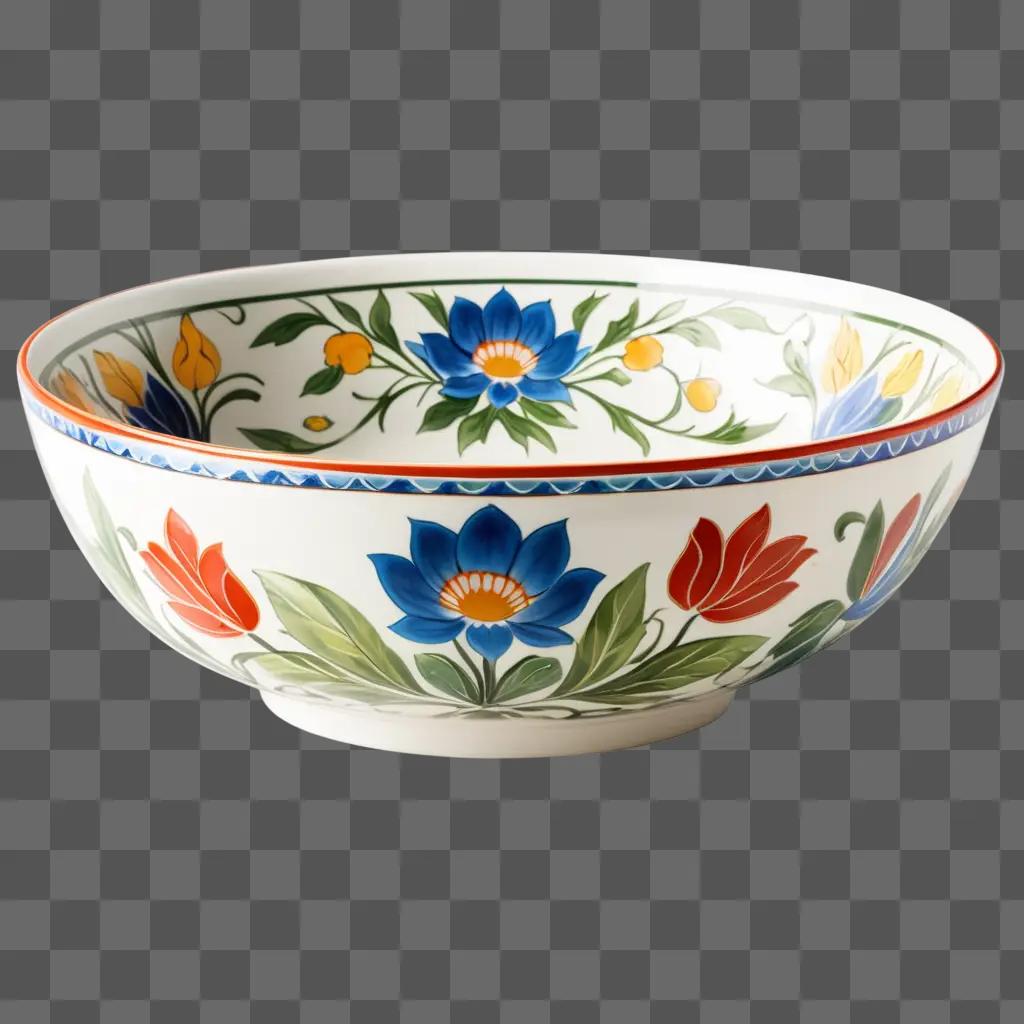 colorful bowl with a blue flower design