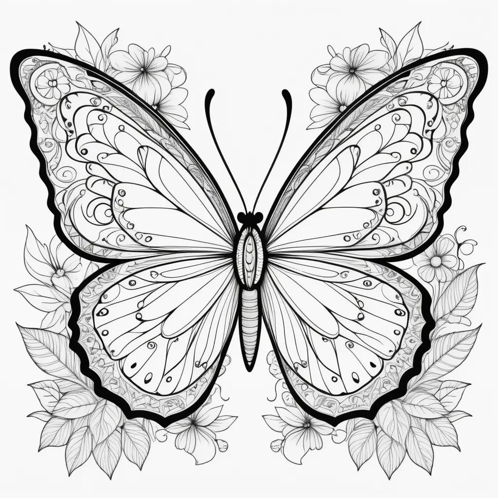 colorful butterfly is depicted in a black and white coloring page