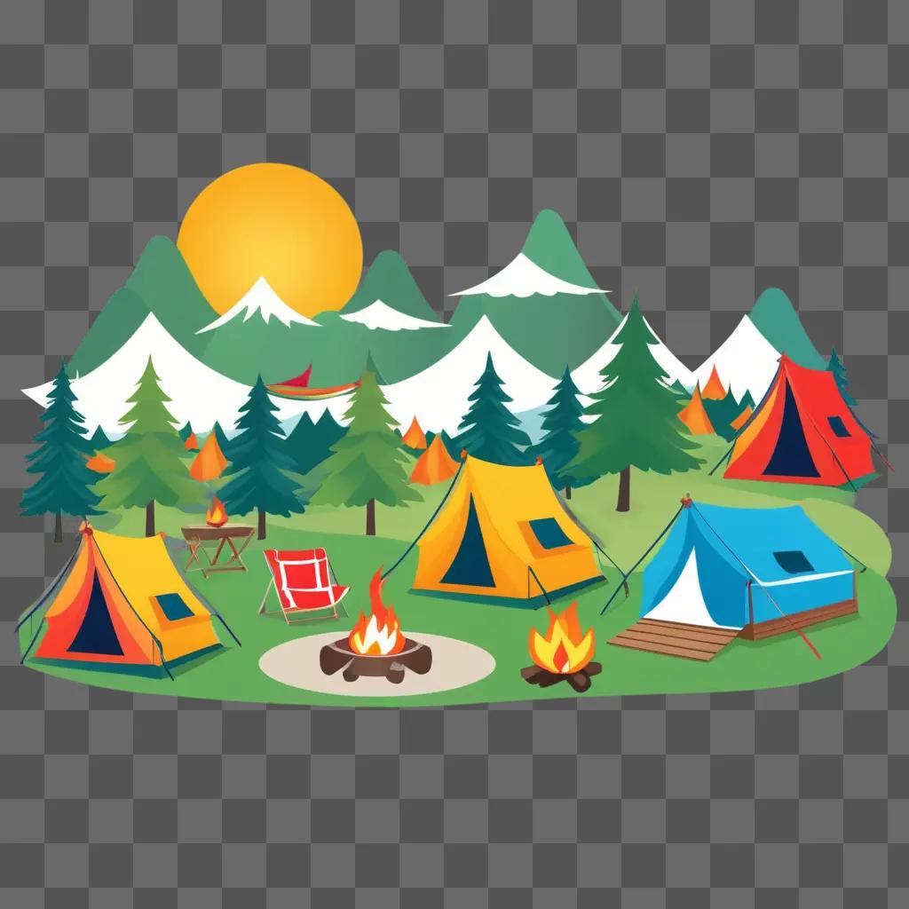 colorful camping scene with a campfire and a tent