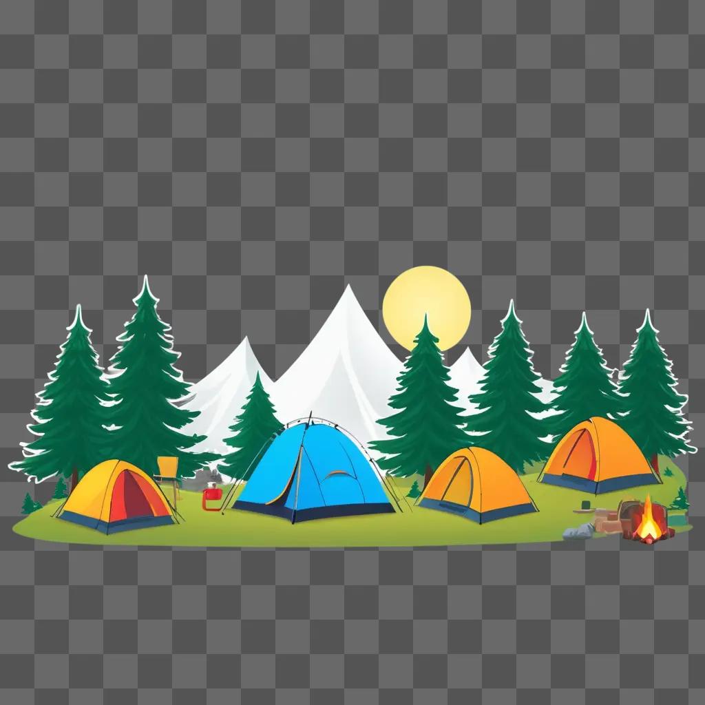 colorful camping scene with trees and tents