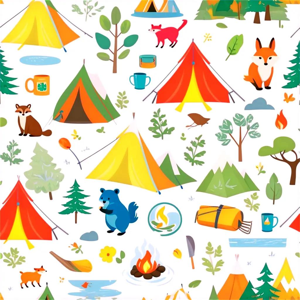 colorful camping scene with various clipart elements