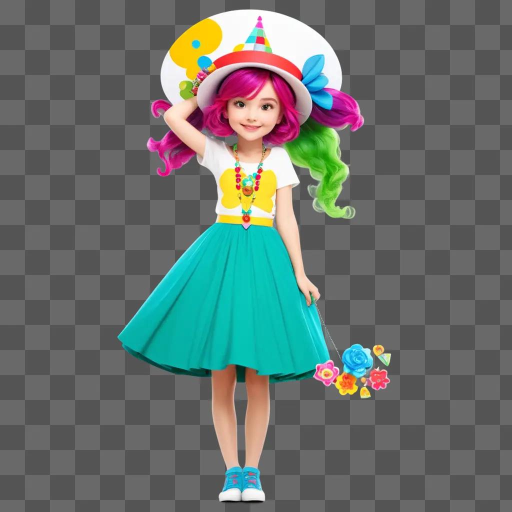 colorful cartoon girl holds flowers and a party hat