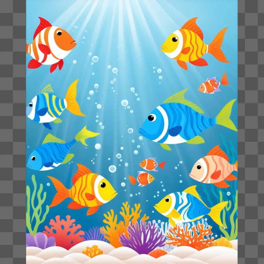 colorful cartoon of fish in a sea of coral and sunlight