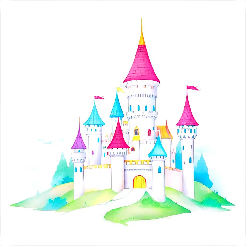 colorful castle drawing for kids with towers and flags