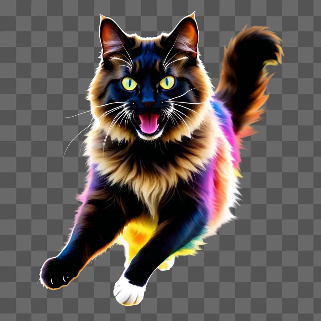 colorful cat runs on a gray background