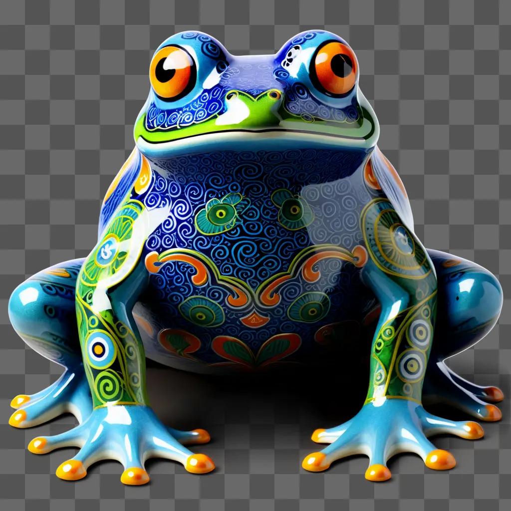 colorful ceramic frog with orange eyes and a blue belly