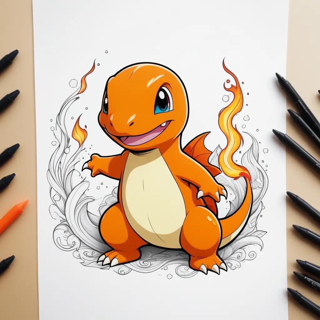 colorful charmander coloring page with pencils