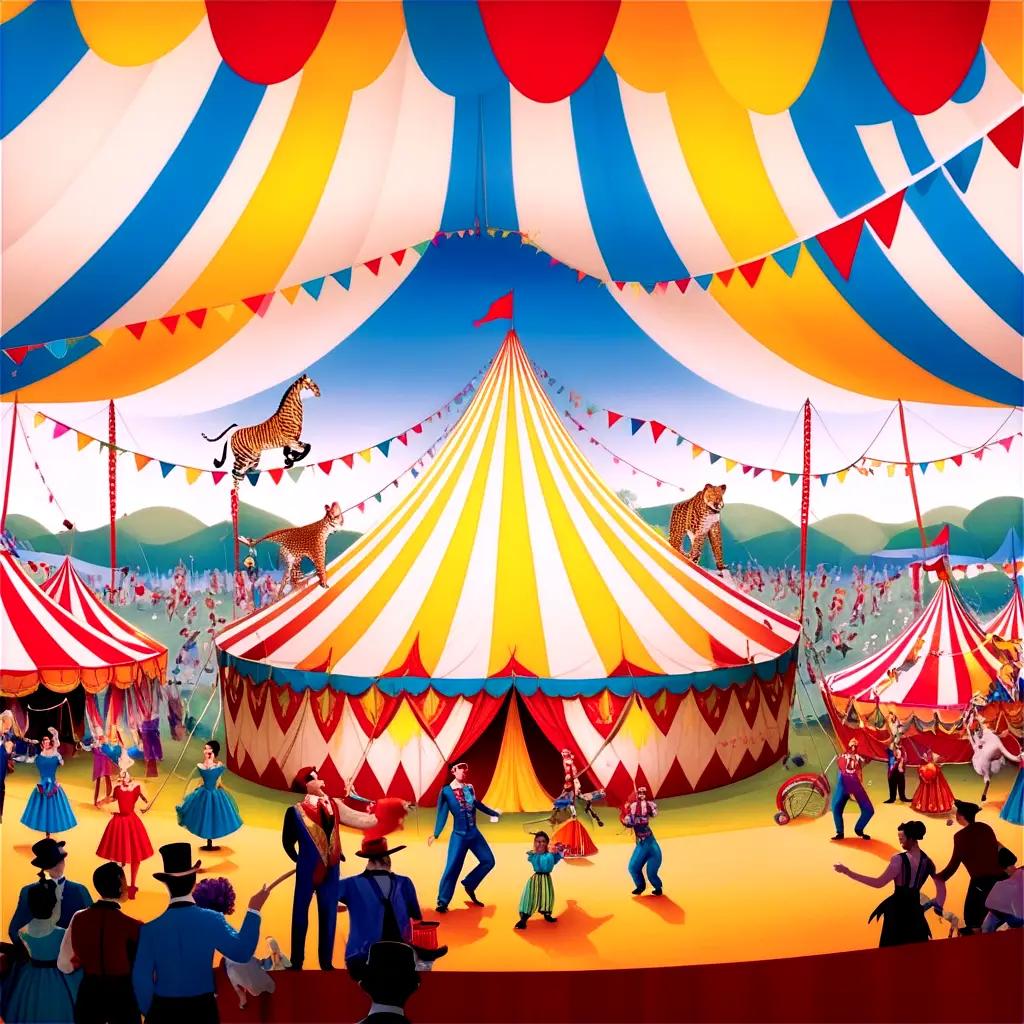 colorful circus tent with a group of people inside