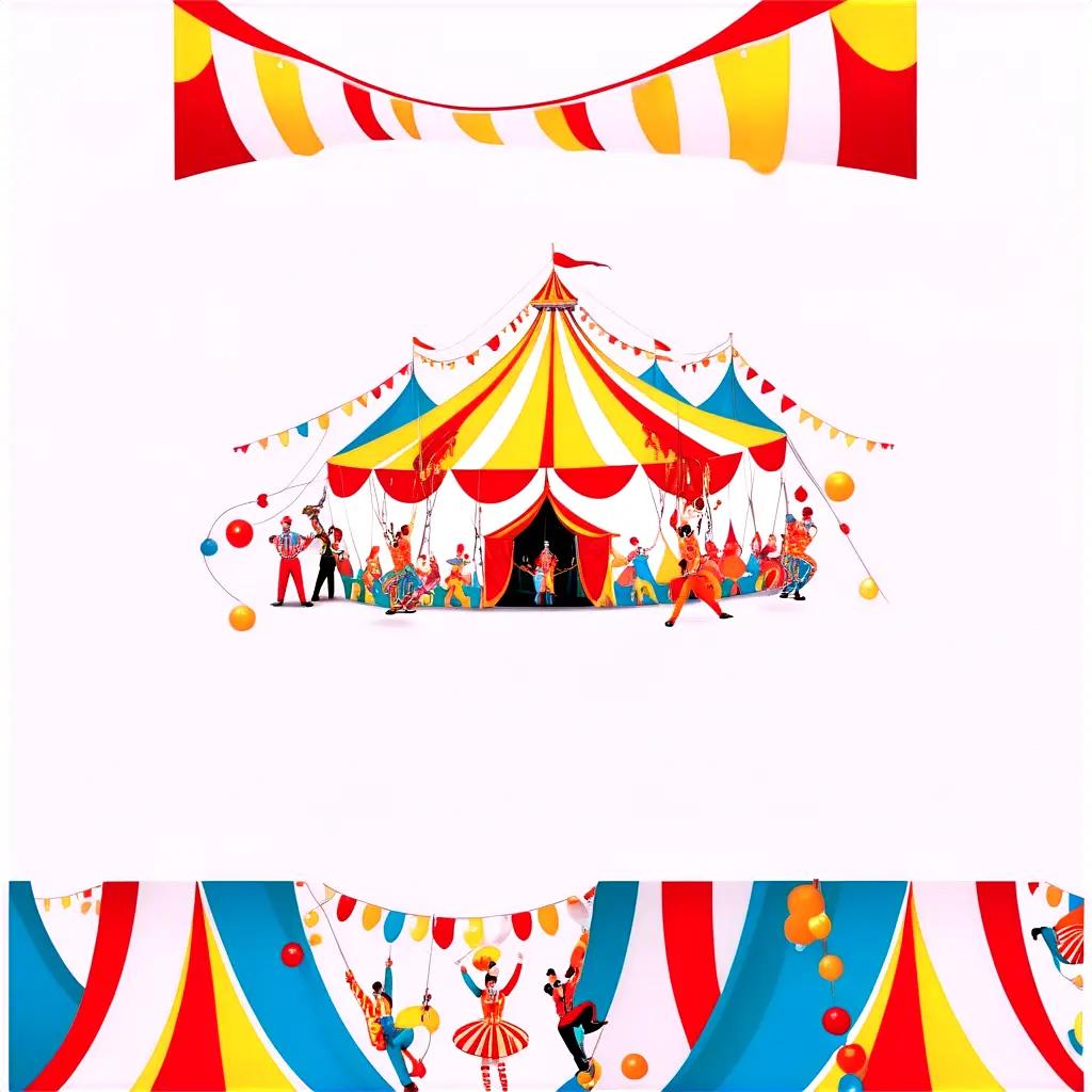 colorful circus tent with balloons and people inside