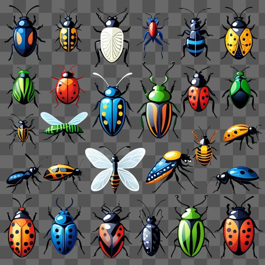 colorful collection of bugs and insects on a dark background