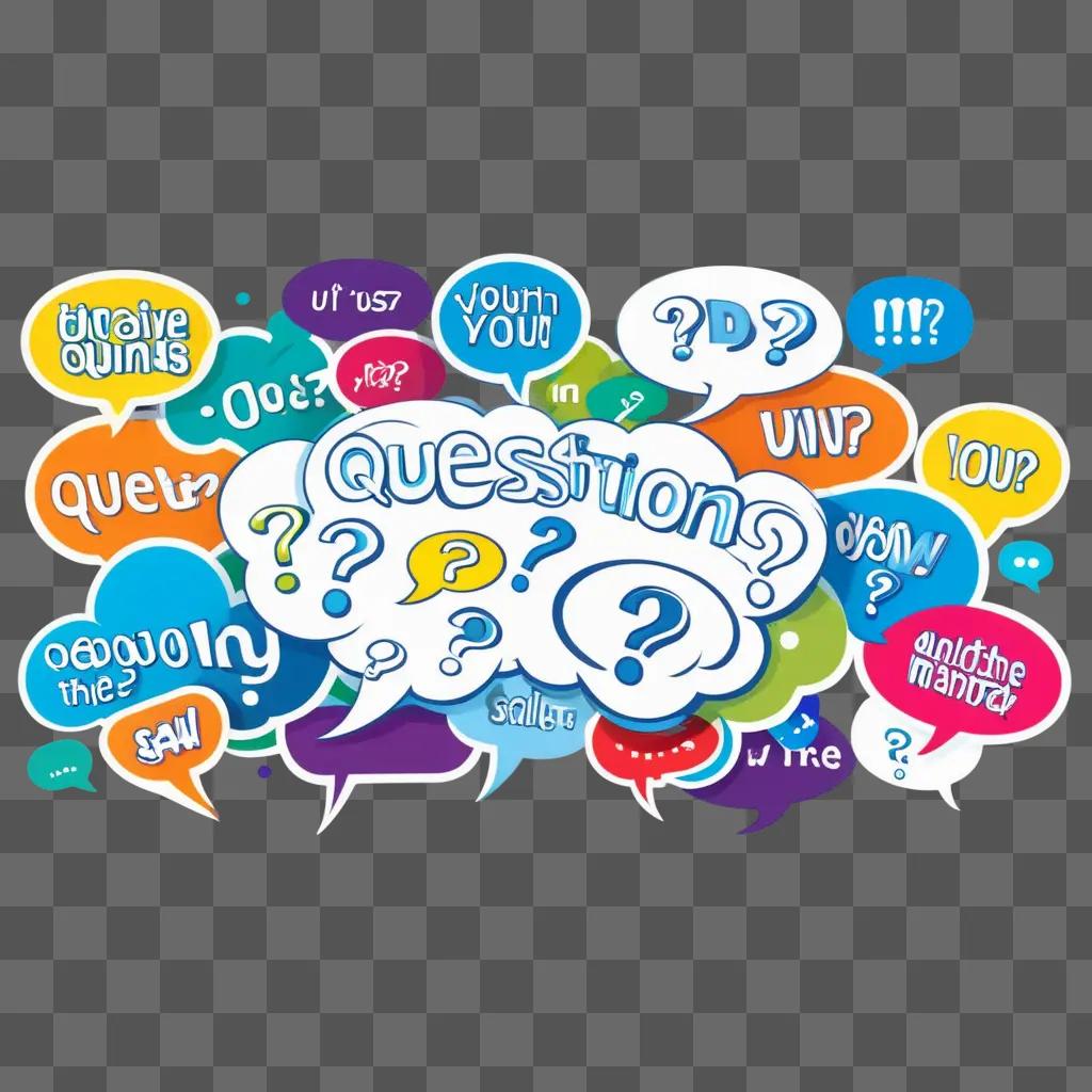 colorful collection of questions on a background of speech bubbles