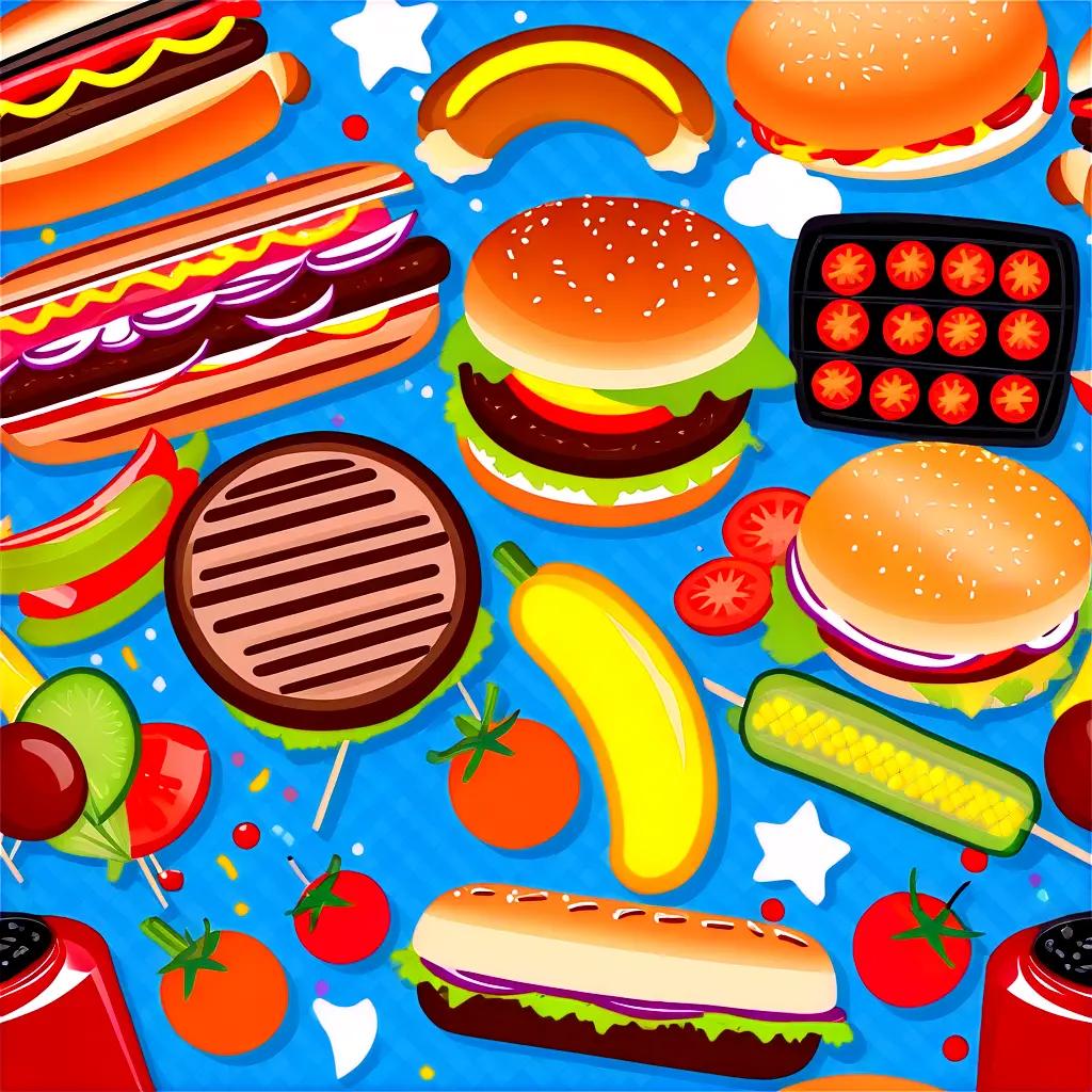 colorful cookout featuring a variety of hot dogs, hamburgers, and other food items