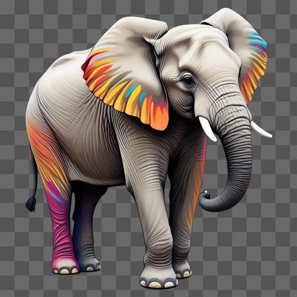 colorful coy elephant drawing on gray background