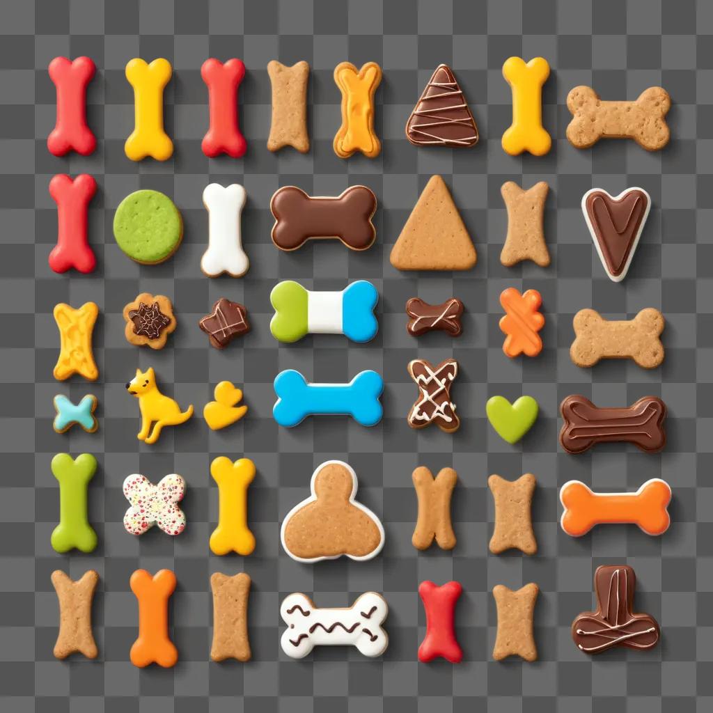 colorful dog treat display with different shapes and sizes