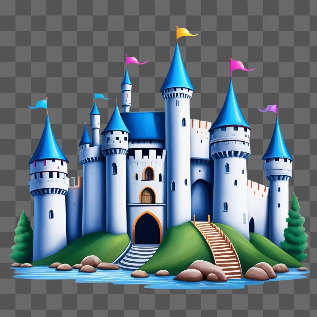 colorful drawing of a castle with a blue sky and trees