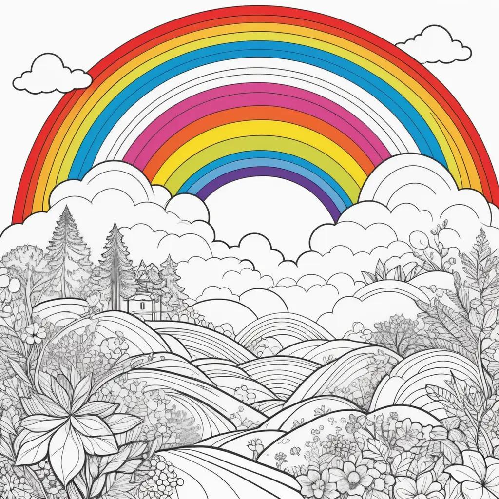 colorful drawing of a rainbow with a forest and mountains