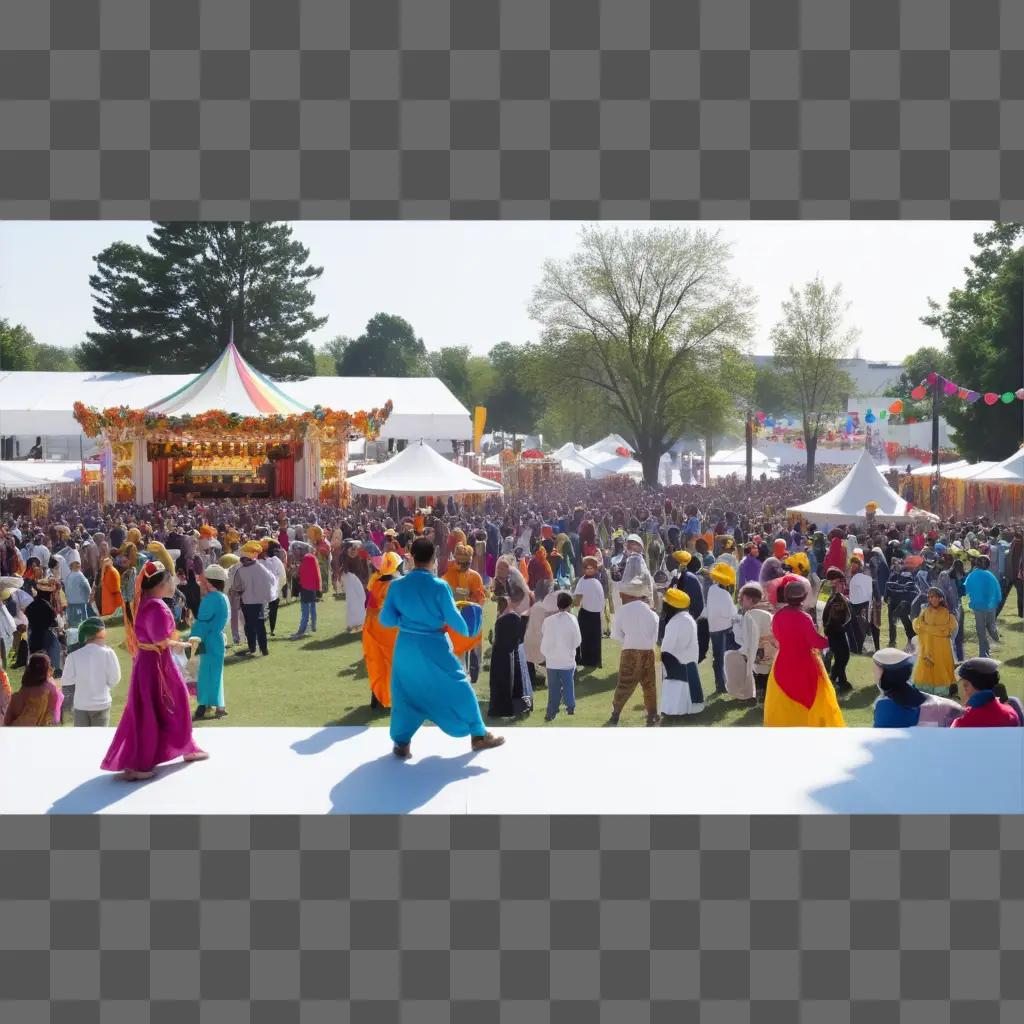 colorful festival with people dancing and wearing traditional attire