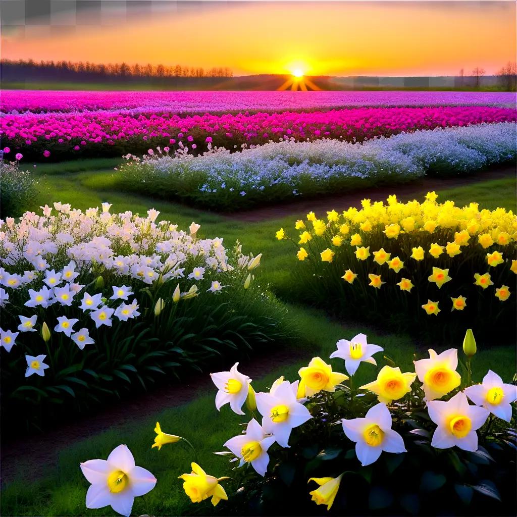 colorful field of flowers with a sunset in the background