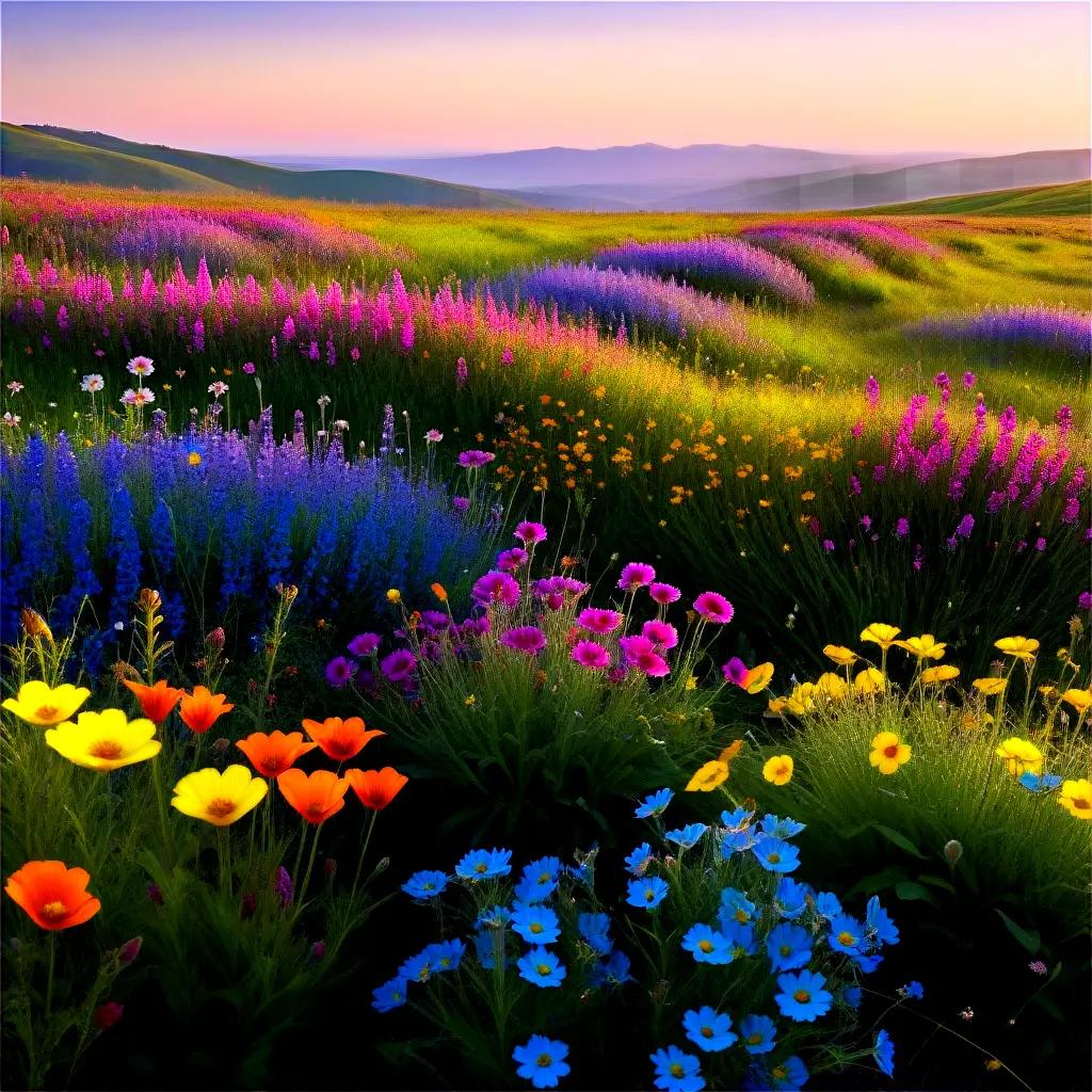 colorful field of flowers with mountains in the background