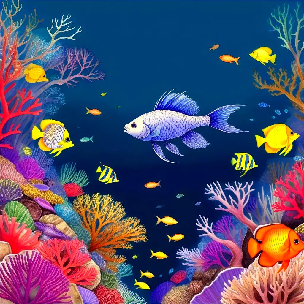 colorful fish drawing with a coral reef background