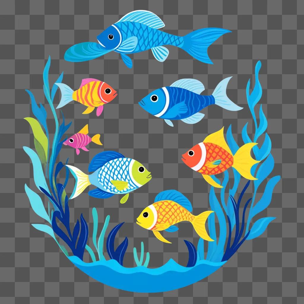 さまざまな形や大きさのカラフルな魚の絵