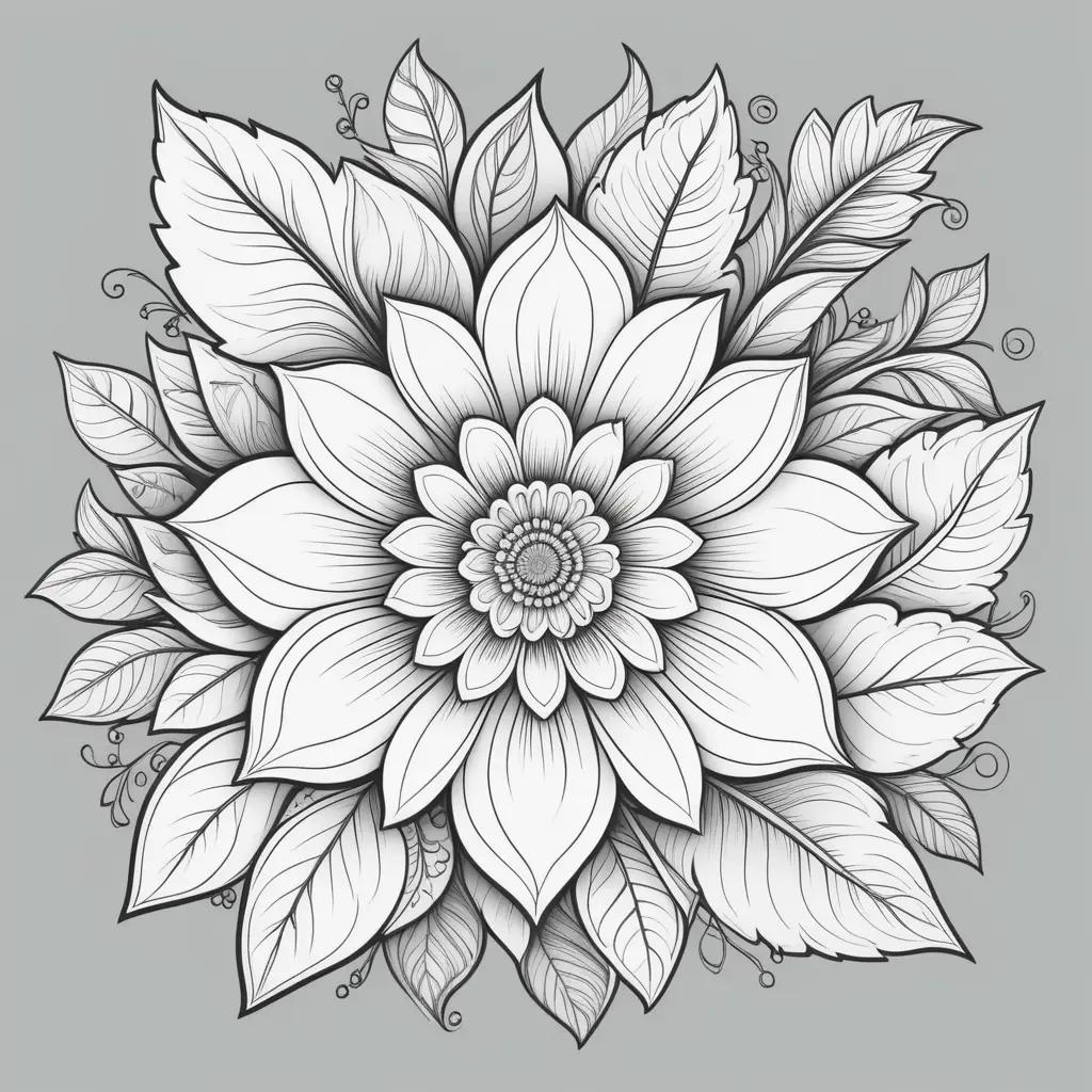 colorful flower with leaves in a black and white coloring page