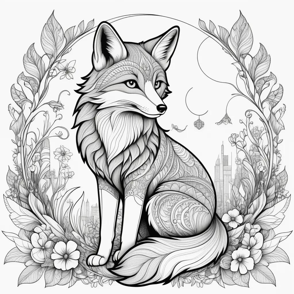 colorful fox sits in a floral circle on a black and white coloring page