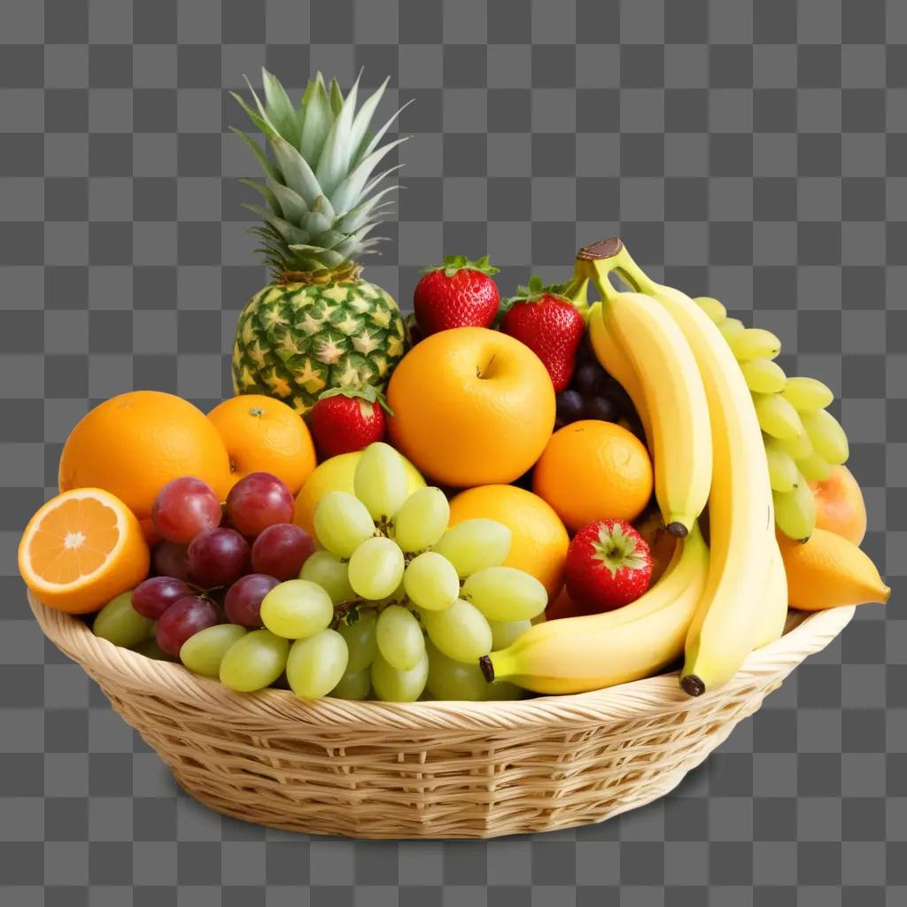 colorful fruit basket with a pineapple, bananas, and oranges