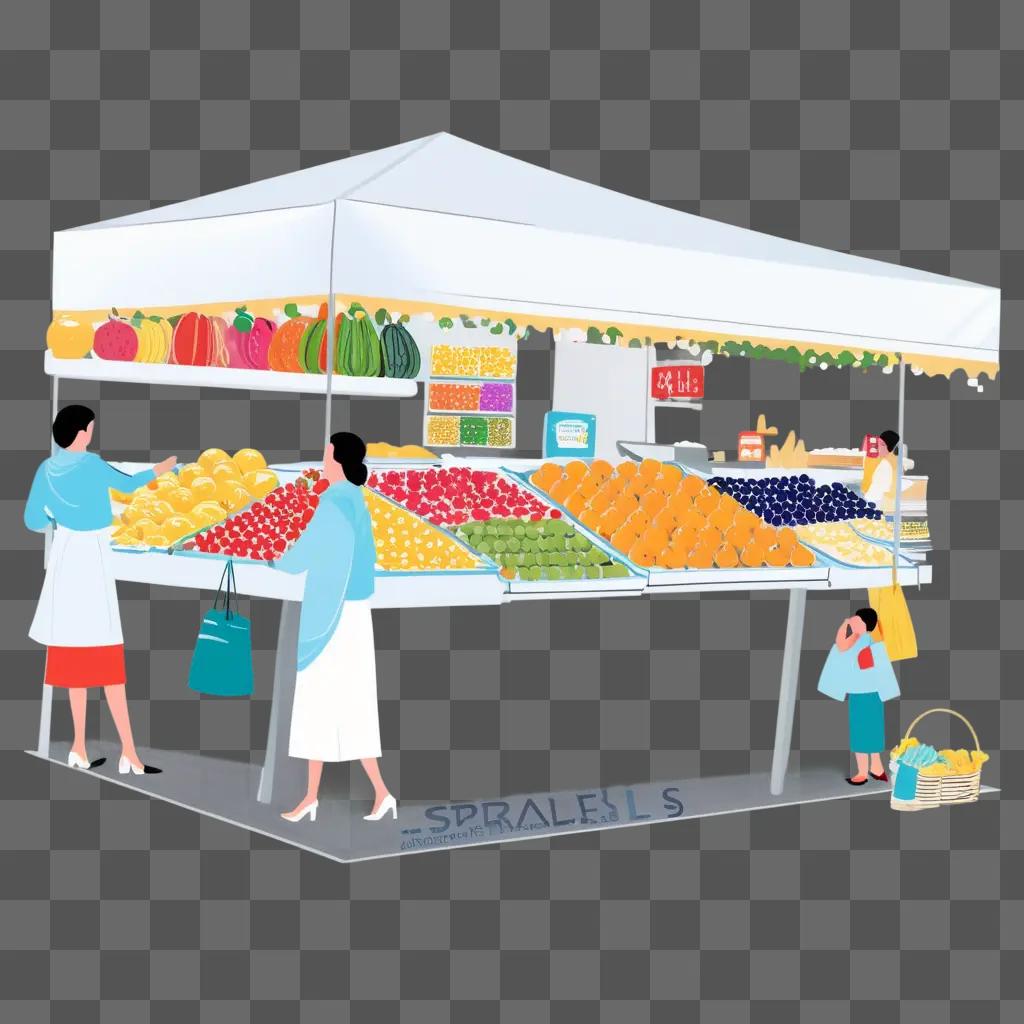 colorful fruit stand with a lady in a white shirt