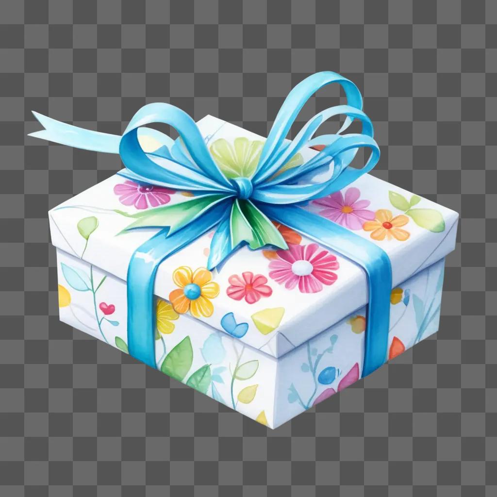 colorful gift box with a blue ribbon and flowers