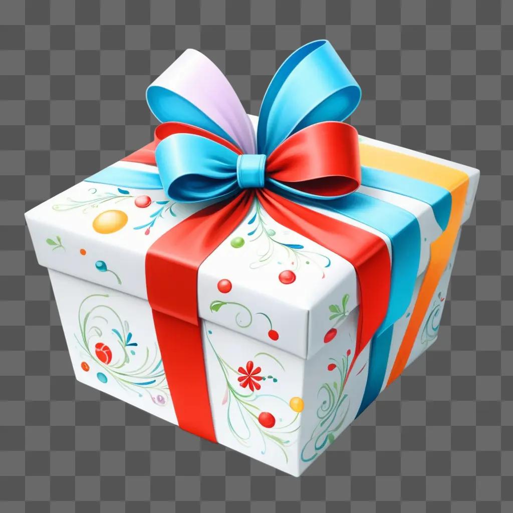 colorful gift with a blue ribbon is on a gray background