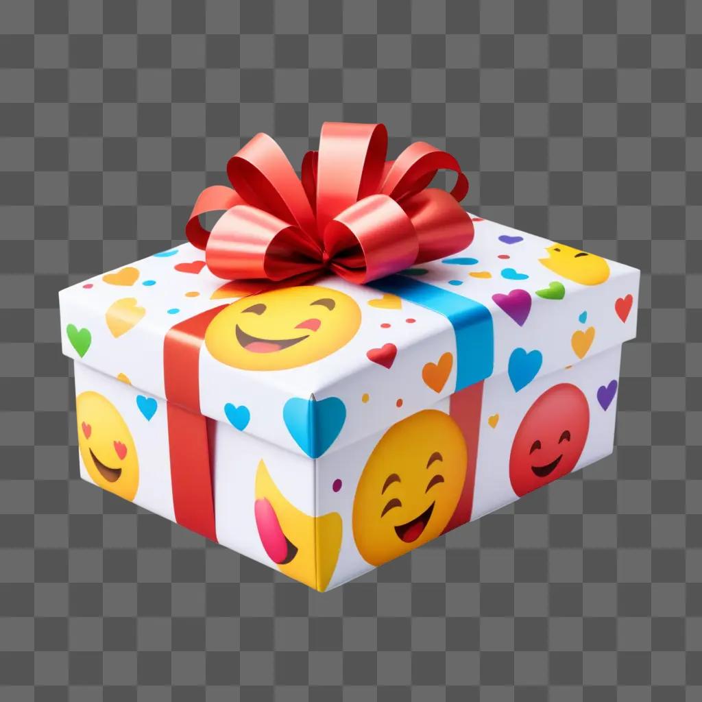 colorful gift wrapped in red and yellow with an emoji bow