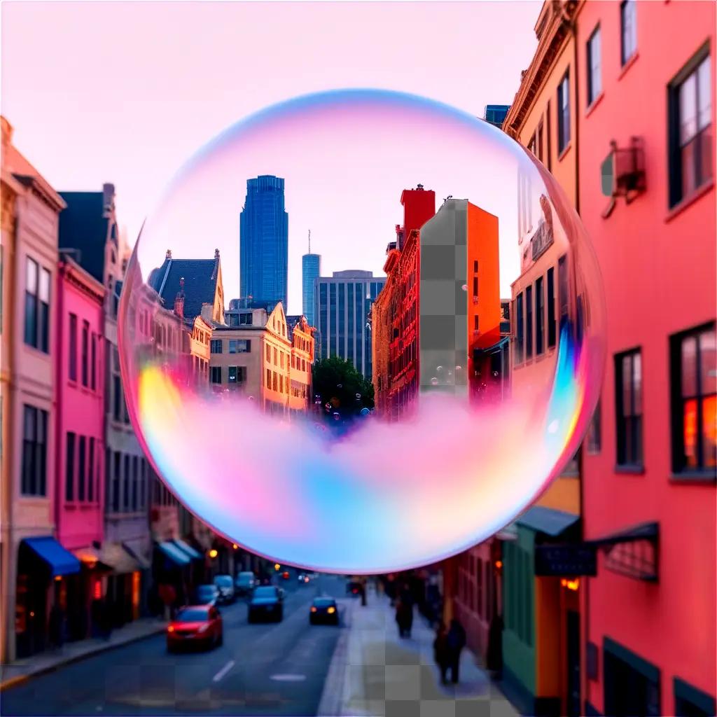 colorful gum bubble floats above a city street