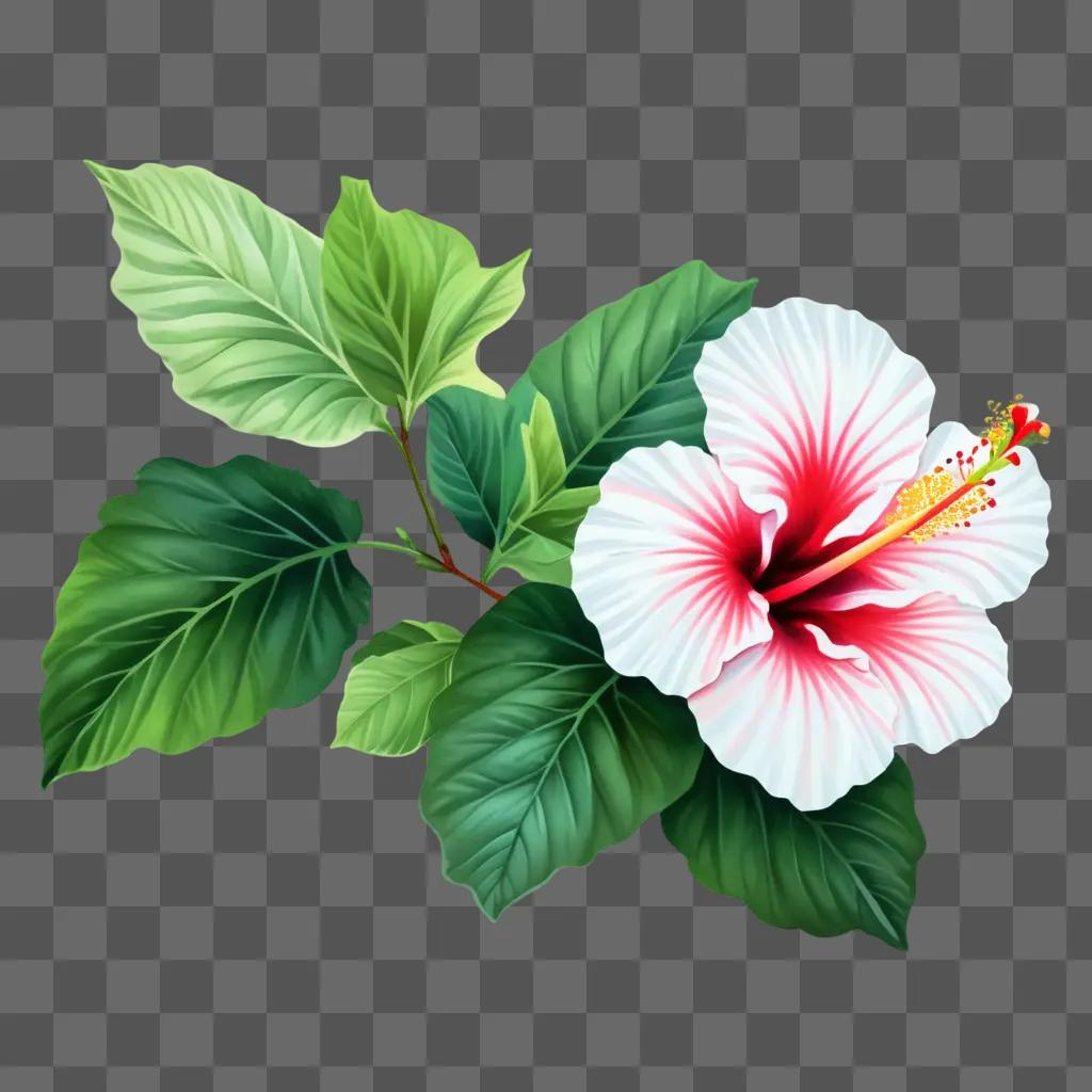 colorful hibiscus flower with green leaves and stems