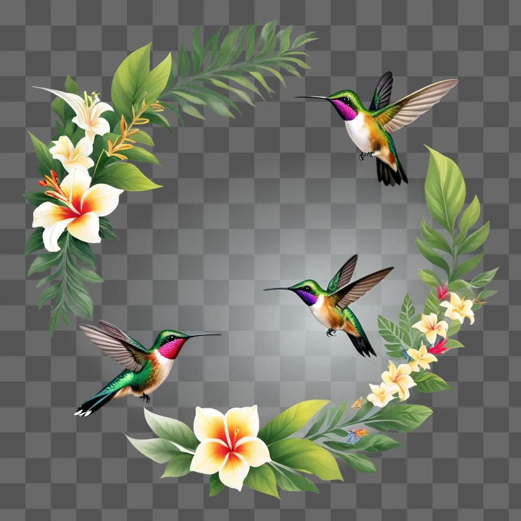 colorful hummingbird flies through a floral circle