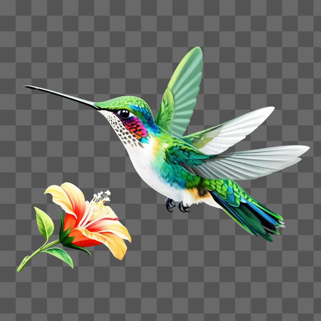 colorful hummingbird is flying over a flower