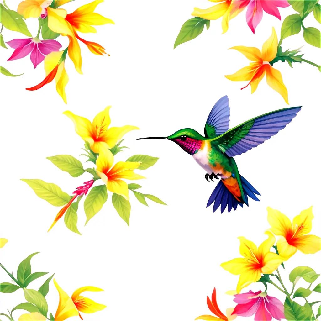 colorful hummingbird with a blue, red, and green body is flying over yellow flowers